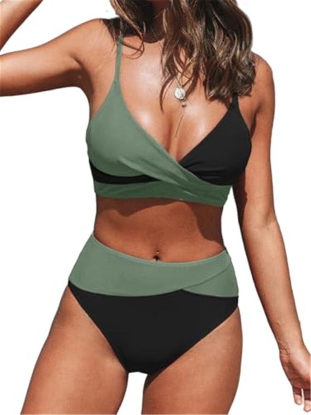Green Color Block High Waisted Bikini Set V Neck Twist Front Swimsuit